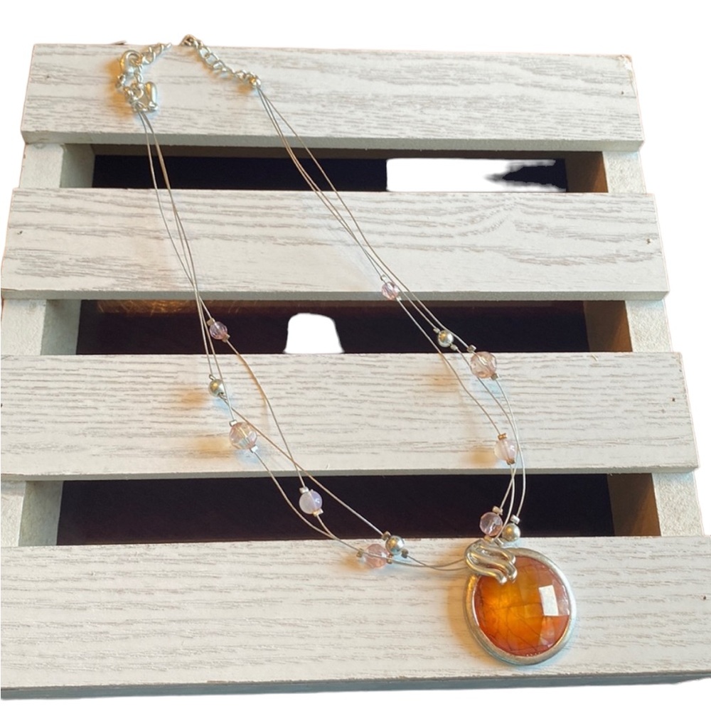 3 Wire Amber Pendant and Beaded Necklace